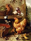 Edgar Hunt Canvas Paintings - A Chicken, Doves, Pigeons And Ducklings